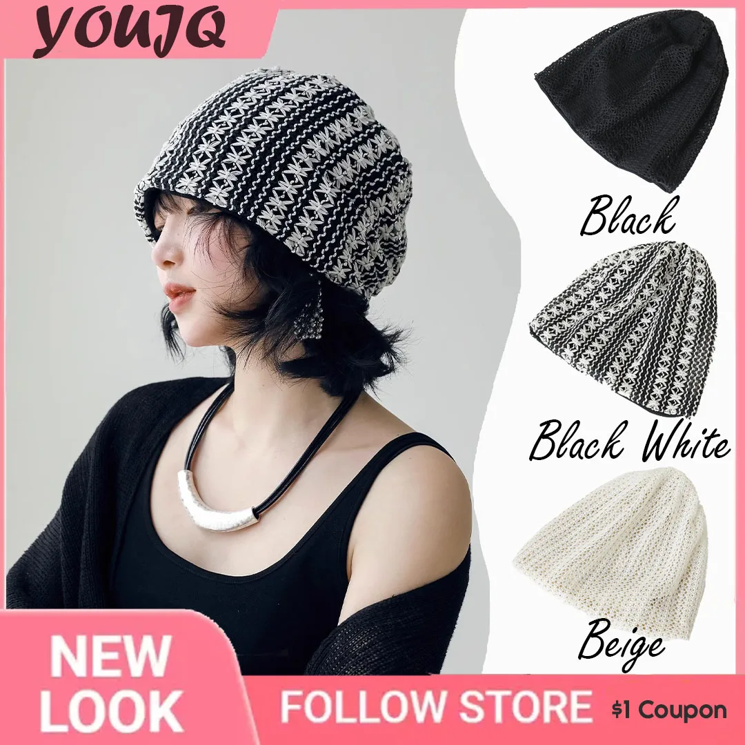 

Hollow Elegant Knitted Hats for Women French Cap Autumn Hollow Out Crochet Breathable Hat Retro Japanese Beanies Gorro Hombre