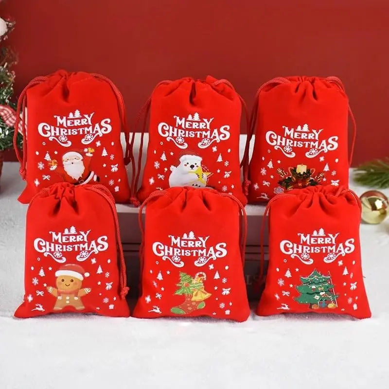 1/30szt Świąteczne torby na prezenty Czerwony aksamitny woreczek ze sznurkiem Luzem Santa Candy Packaging Snack Wrapping Bag Wedding Party Favors Decor — zdjęcie 7