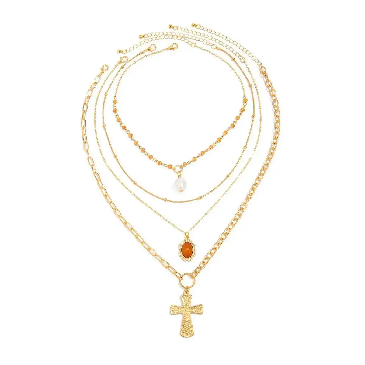 

Lacteo Retro 4Pcs/set Punk Gold Color Jesus Cross Imitation Pearl Pendant Necklace Women Creative Metal Chain Y2K Charm Jewelry
