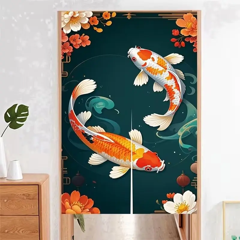VIKAMA Koi Japanese Half Door Curtain, Ukiyo-e Lotus Koi Noren Curtain, Room Divider Screen Entryway Privacy Home Decor