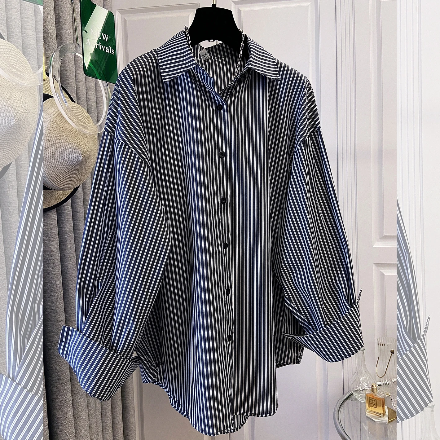 أنيقة الأزرق مخطط Ne irt المرأة فضفاضة عارضة طويلة Sve أوائل الخريف ملابس خارجية حماية من الشمس أعلى الكورية Sle #2