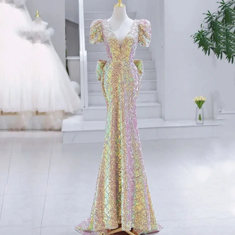 

Sequined Elegant Temperament Evening Party Dress Slim Fit Back Big Bow Prom Robe V-neck Sexy Bling Trumpet Wedding Party Dresses