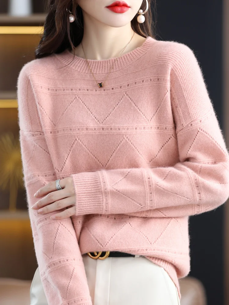 New Warm Sweater For Women O-neck 100% Merino Wool Hollow Out Pullover Autumn Winter Solid Color Stripe Diamond Clothing Tops