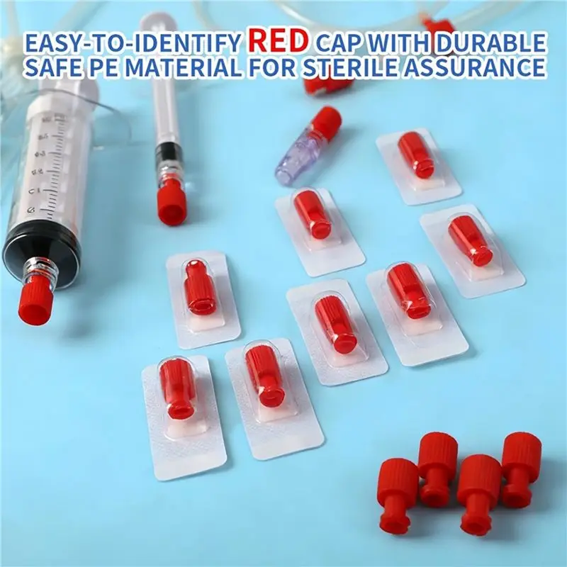 AA14 New 500Pcs Luer Stopper Red Closing Conessterile Cap Dual Function Luer Lock Caps For Male/Female Connectors Syringes Tips