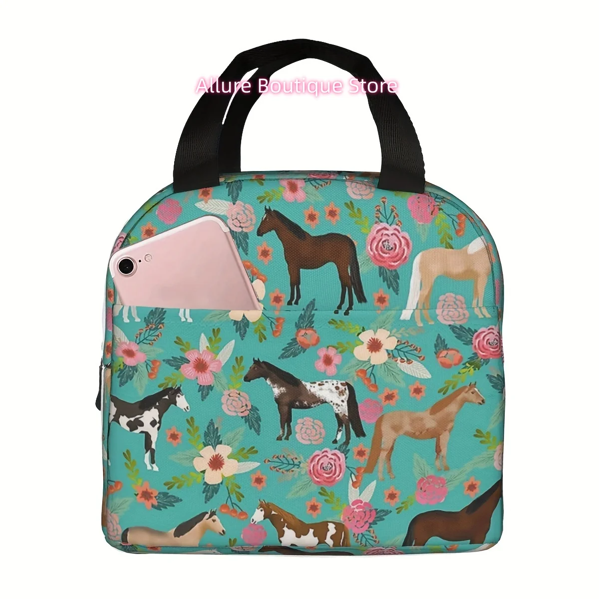 1pc DRONE PILOT Insulated Lunch Bag, Floral & Multicolor Horse Design, Waterproof Oxford Cloth Cooler Tote, Hand Washable Therma