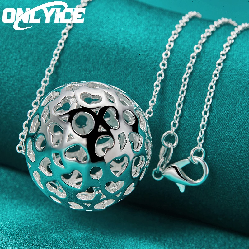 

New 925 Sterling Silver Hollow Ball Full Heart Pendant Necklace 18 Inch Chain For Women Wedding Fashion Jewelry Christmas Gifts