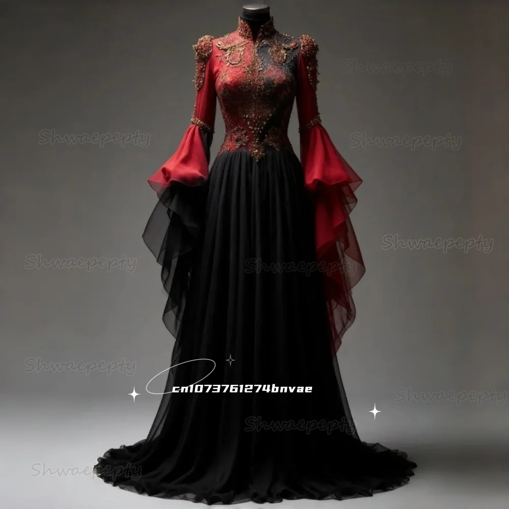 ชุดราตรีสไตล์โกธิคแบบแวมไพร์ สีดำและสีแดง ทรงเอไลน์ ชุดราตรียาวประดับลูกไม้ แขนบานประดับลูกปัด สำหรับโอกาสพิเศษ สั่งตัดได้