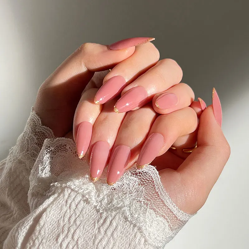 Uñas postizas en forma de gota de agua media, manicura con purpurina, borde dorado francés, Rosa desnudo, usable, 24 unids/lote por caja