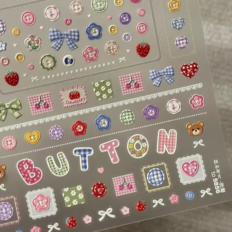 1 Sheet Multicolor Cartoon Bear Heart Star Decals Embossed Cute Button Nail Stickers Self‑Adhesive Sweet Manicure Sticker