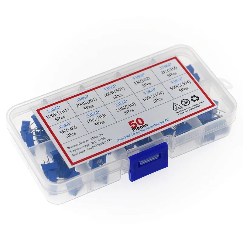 

50pcs 3386P Multi-Turn Potentiometer set 100R 200 500R 1K 2K 5K 10K 20K 50K 100K 500K 10K Variable resistors Assortment Kit