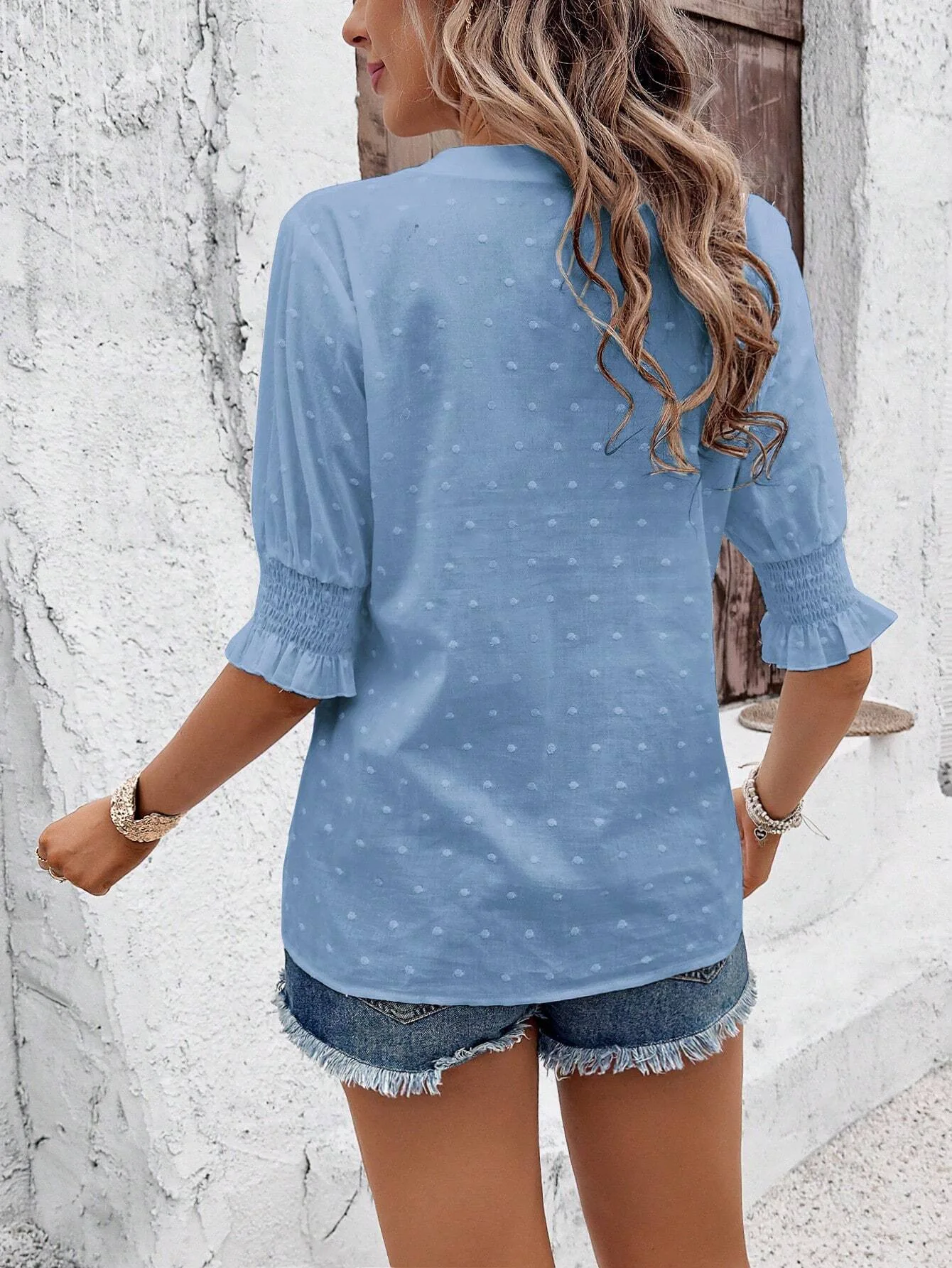 Women's Blouse Floral Embroidery Lace Summer Casual Solid Color Swiss Dot Eyelets V-neck Puff Shirred Half Sleeve T-shirt Tops