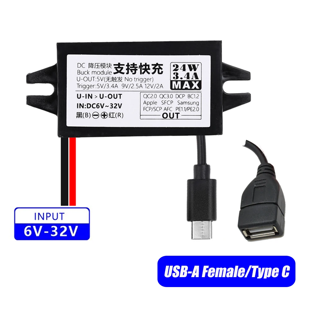 24W Car Potting  Waterproof 12-24V to 5V Converter DC-DC Step Down Module Power Adapter USB-A Female/Type C Support QC2.0/3.0