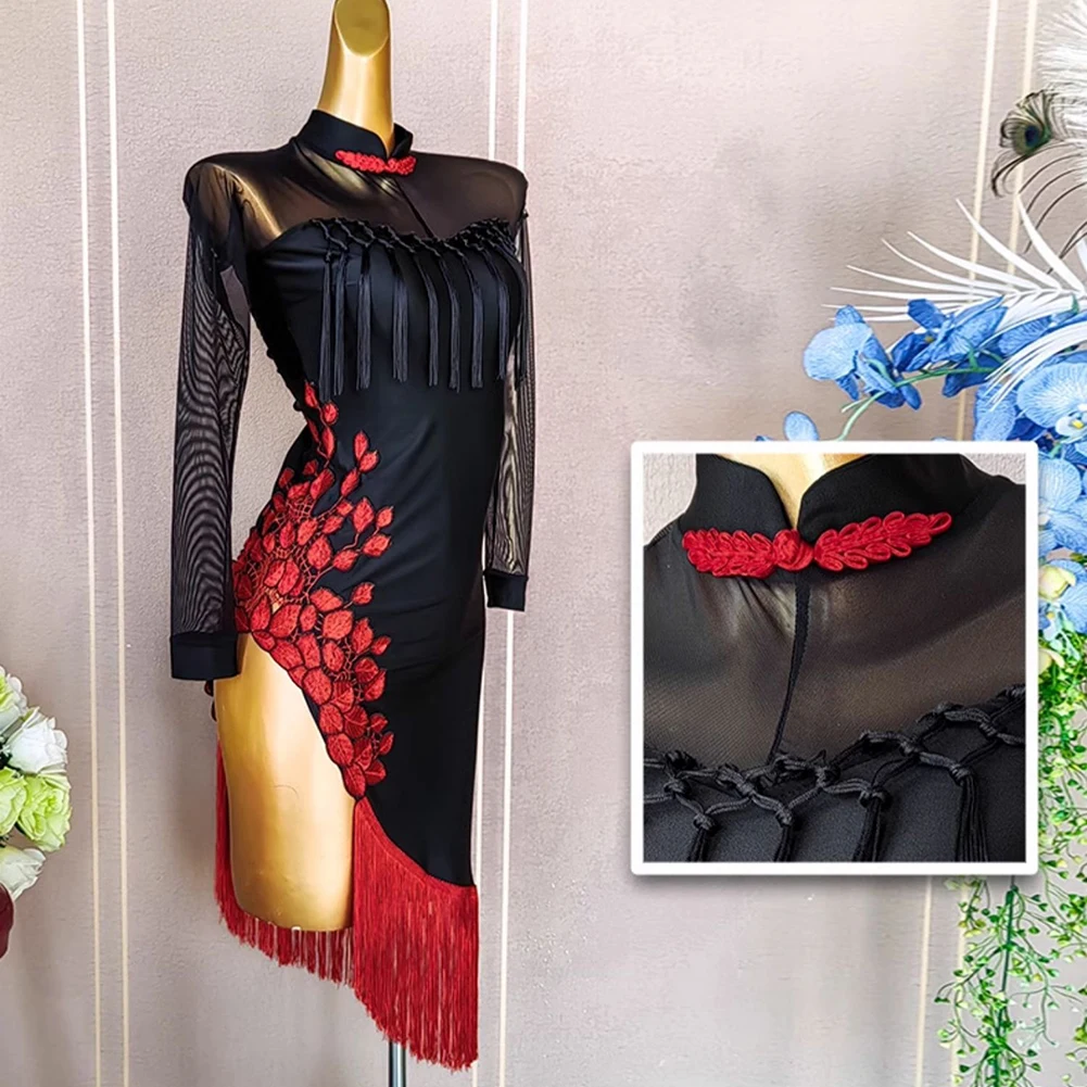 Платье для танцевальных соревнований, с длинными рукавами, одежда для самбы, латинских танцев, Cheongsam, сексуальный сценический костюм, черная одежда с открытой спиной и кисточками