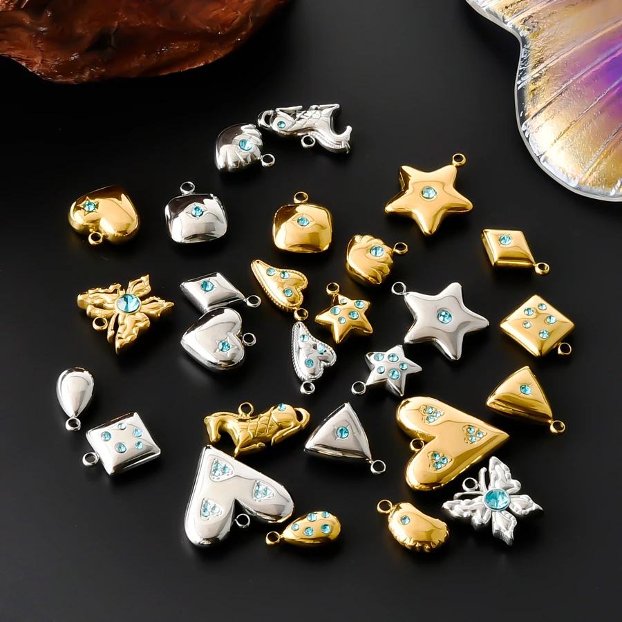 7Pcs Stainless Steel Charms DIY For Jewelry Geometry Figure Inlaid Blue Zircon Pendants Necklace Making Earring Accessories