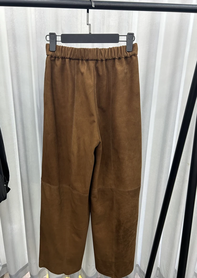 Retro 2025 Leather Ankle-Length Pants Women Elastic Waist Suede Sheepskin Wide Leg Length Straight Cylinder Trousers Black brown