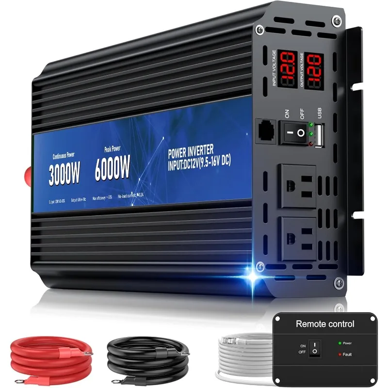 3000W Power Inverter,Peak Power 6000W 12V DC To AC 110V120V,Remote Control with 2AC Outlets and 2.4USB Port,LCD Display