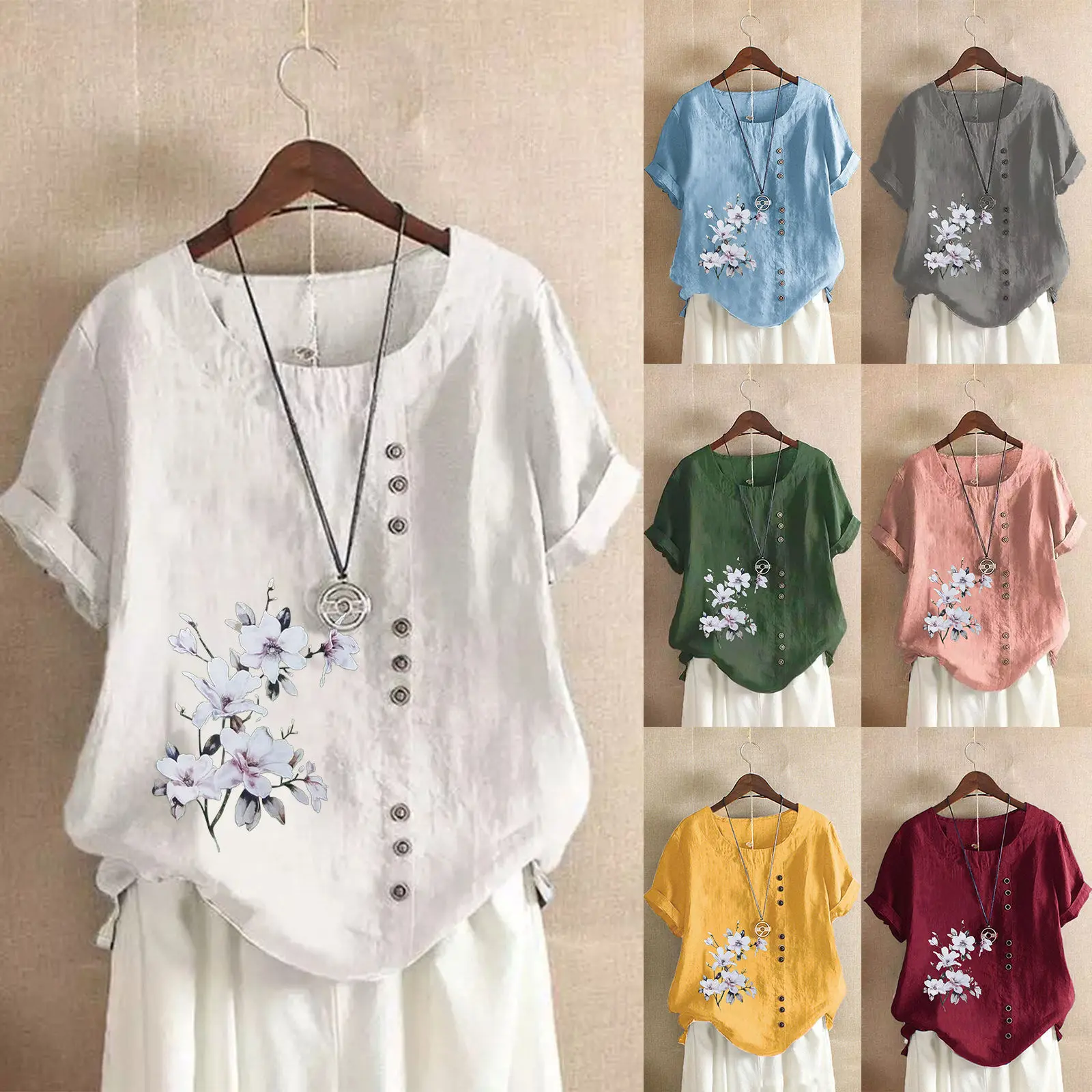 Elegant Comfortable Cotton Linen T-Shirt Women New Single-breasted Splicing Decoration Tops Female Casual Flower Print Tees 2025