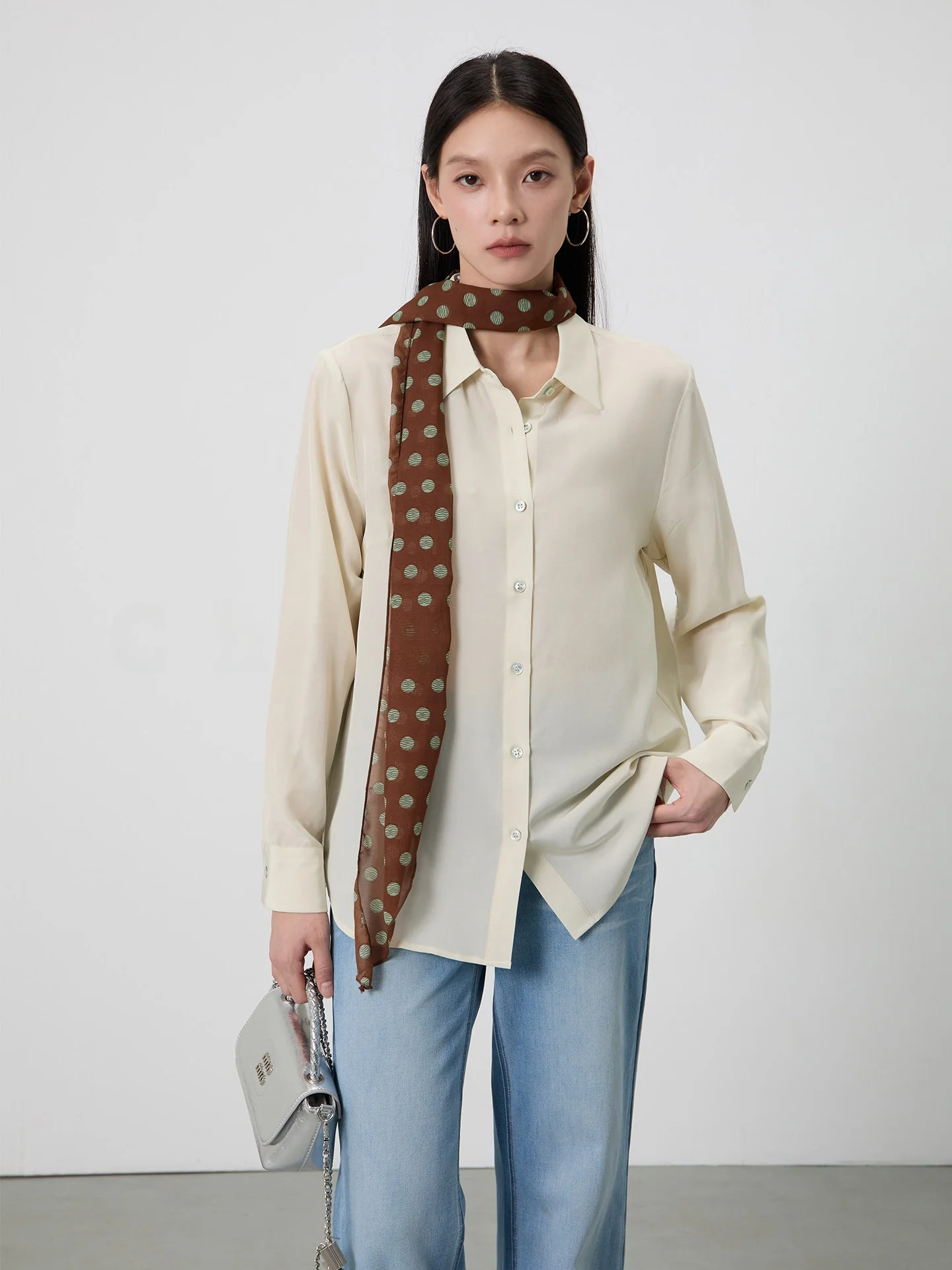 

Pure Silk Shirt Women's 100 Silk Double Gauze Slimming Shirt Commute Shoulder Fit Shirt Breathable Long Sleeve Shirt