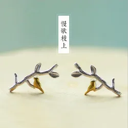 New Fashion Personality 925 Sterling Silver Jewelry Earrings Branches Bird Fresh Art Style Simple Gift Earrings E018