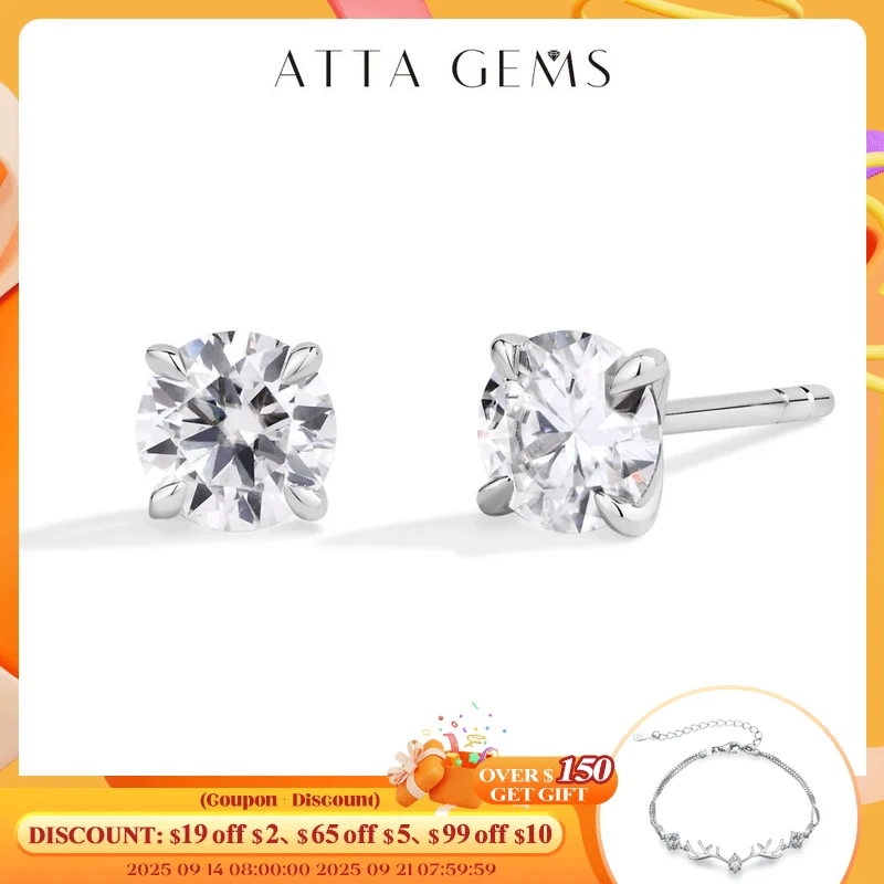 

ATTAGEMS D/VVS1 Color Round Cut 1CT Moissanite Diamond Stud Earrings for Women Men S925 SIlver Sparkling Wedding Jewelry Classic