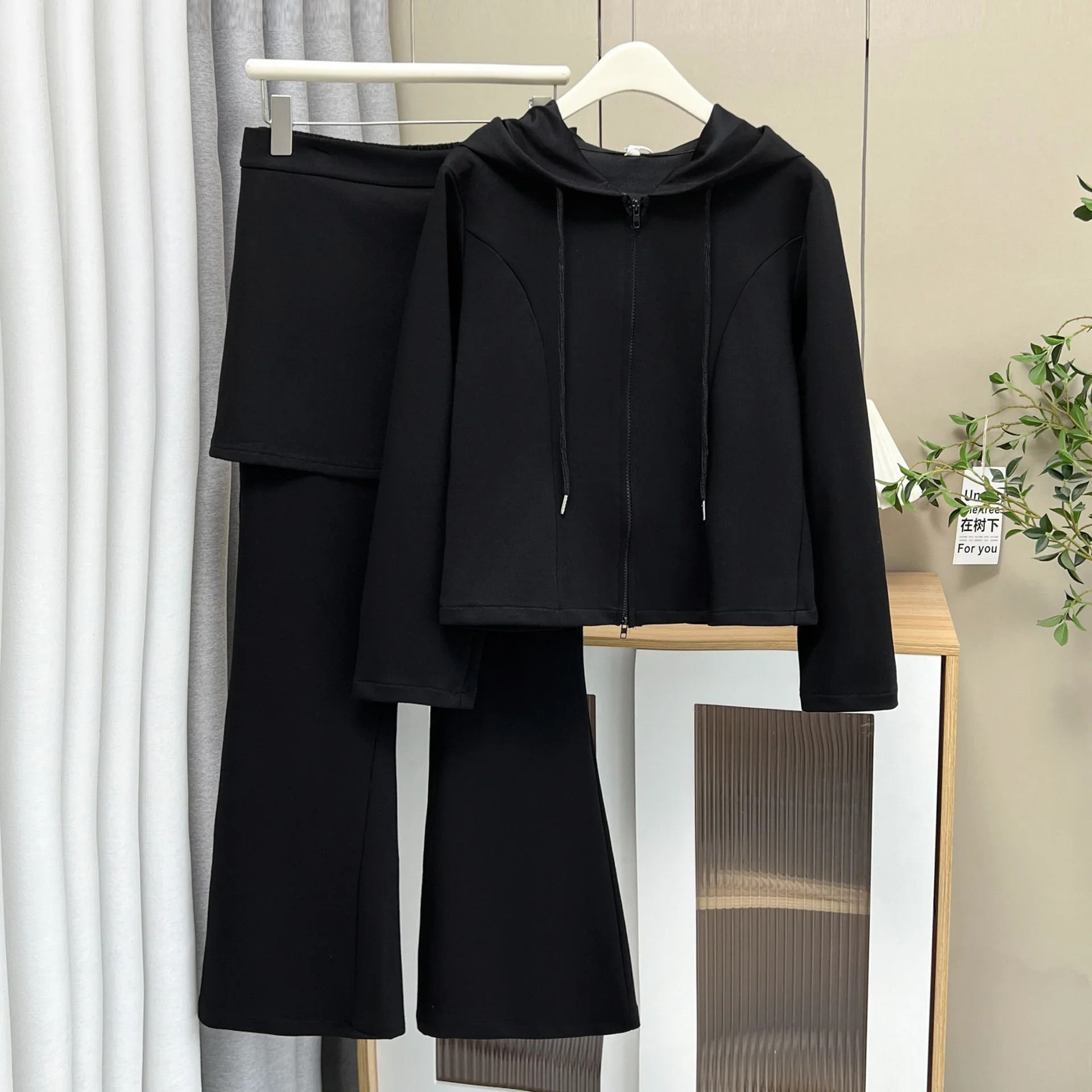 XXXXL Mode Plus Size Damessets Casual Herfst Capuchon Rits Top En Uitlopende Lange Broek Tweedelige Set