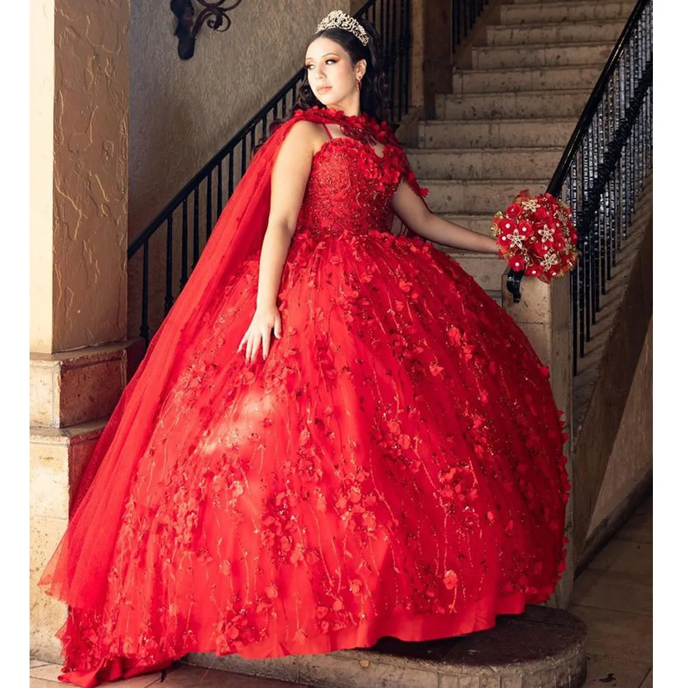 

Red Sweet 16 Quinceanera Dress 2023 Sparkly Lace Appliques Sequins 3D Flowers Princess Ball Gown Vestidos De 15 Años