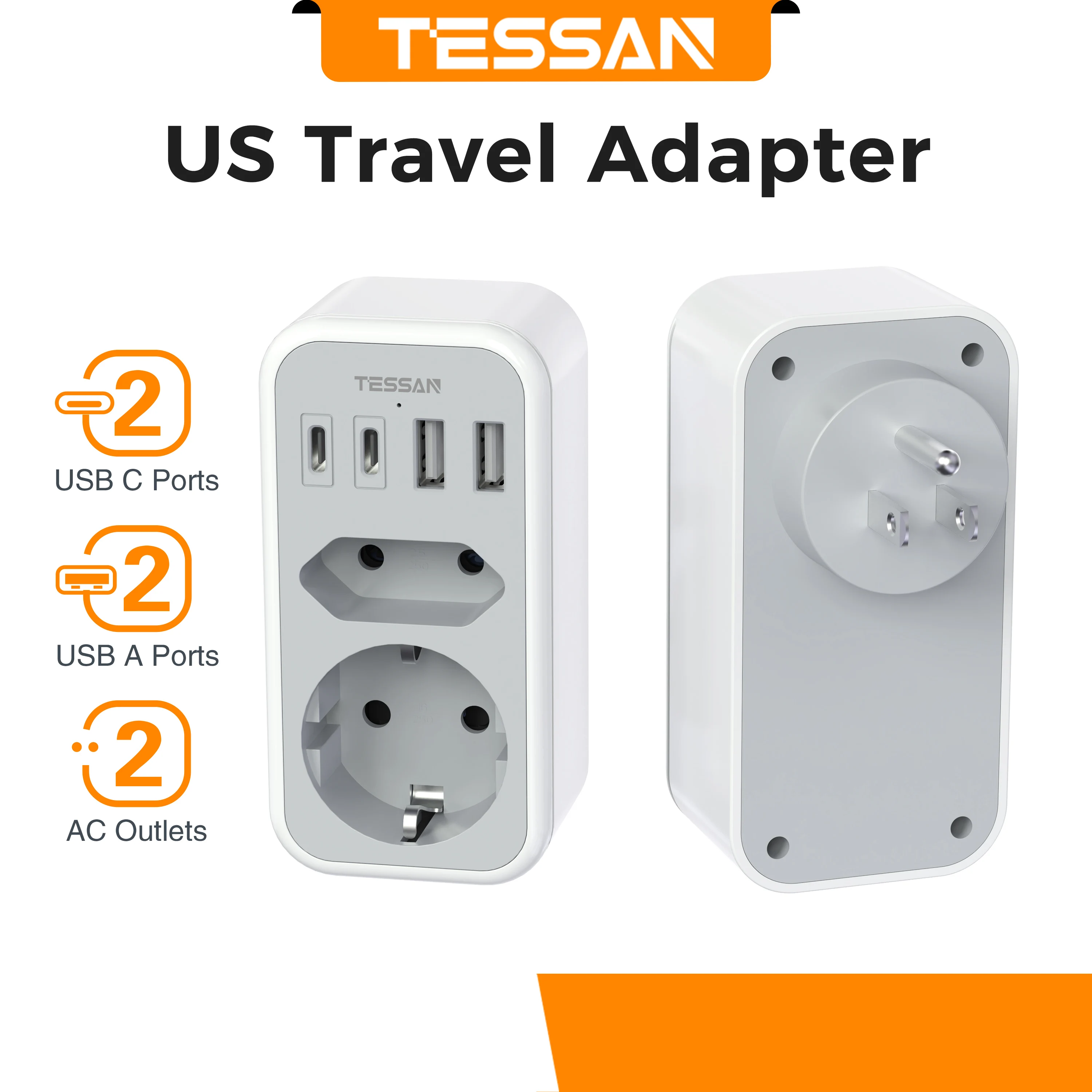 TESSAN USB-reisstopcontact EU naar VS reisadapter met 2 stopcontacten 3 USB-poorten Meerdere stekkeradapters voor EU ES FR KR PL
