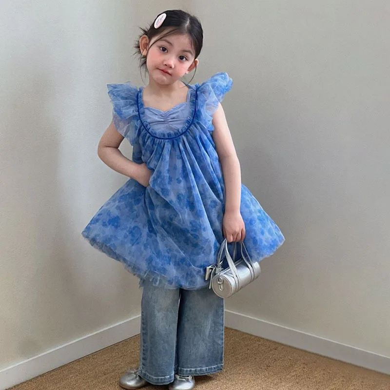 

Girls' Summer 2026 New Children's Flower Suspender Mesh Skirt Versatile Bootcut Denim Trend Two-piece Set