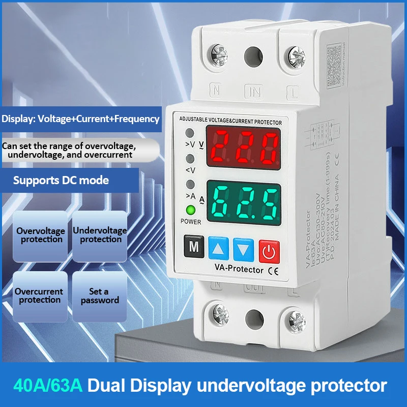 40A/63A 220V na szynę Din Podwójny wyświetlacz Regulowany przekaźnik zabezpieczający nadprzepięciowy prąd i podnapięciowy