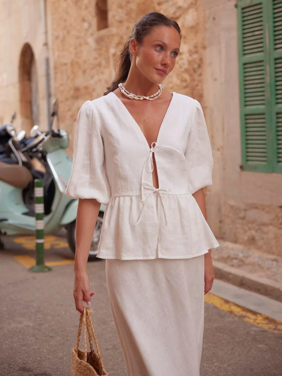 Women's Cotton V-Neck Lace-Up Top and Maxi Skirt Set