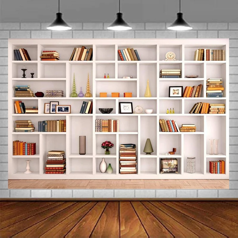 White Bookshelf Photography Backdrop Bookcase Office Video Conference Zoom Home Office Decoration Zoom Background Banner Poster