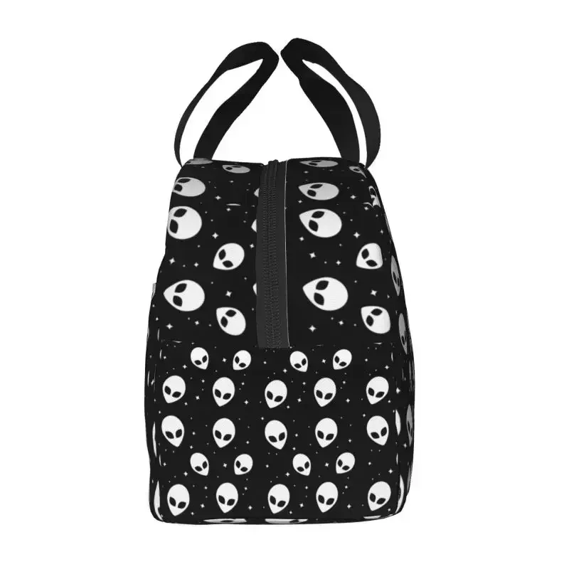 Black And White UFO Alien Pattern Thermal Insulated Lun Bag Women Resuable  Tote for Sool Storage Food Box