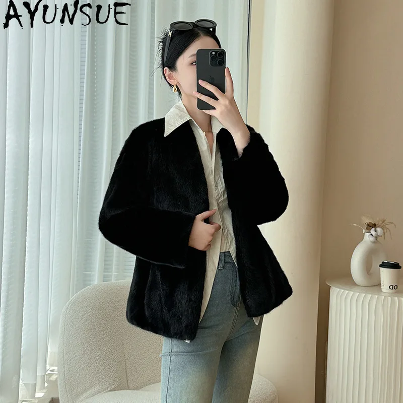 AYUNSUE แจ็คเก็ตขนสัตว์มิงค์ธรรมชาติผู้หญิง V คอยาวแขนยาวเสื้อขนสัตว์จริงสำหรับผู้หญิงเสื้อผ้าทั้งมิงค์คุณภาพสูงอับริโก มูเยร์