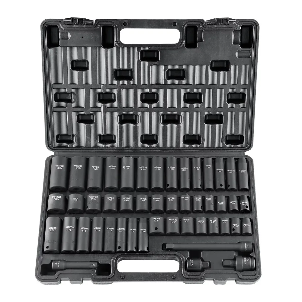 

3/8" Drive Impact Socket Set, 48 Standard Metric Sizes, 6 Point Alloy Steel Includes Adapters & Ratchet Handle & Storage Case