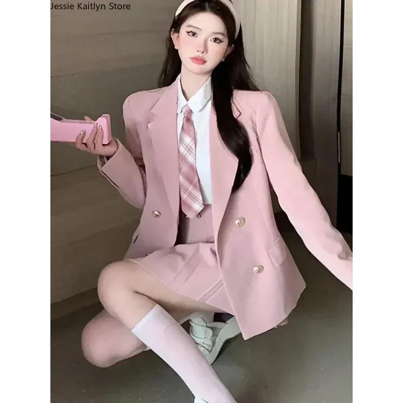 

CyJapanese Student JK School Uniform Korean Fashion Sweet Blazers School Girls Uniform Sexy Kawaii Mini Pleated Skirt Uniform Y2