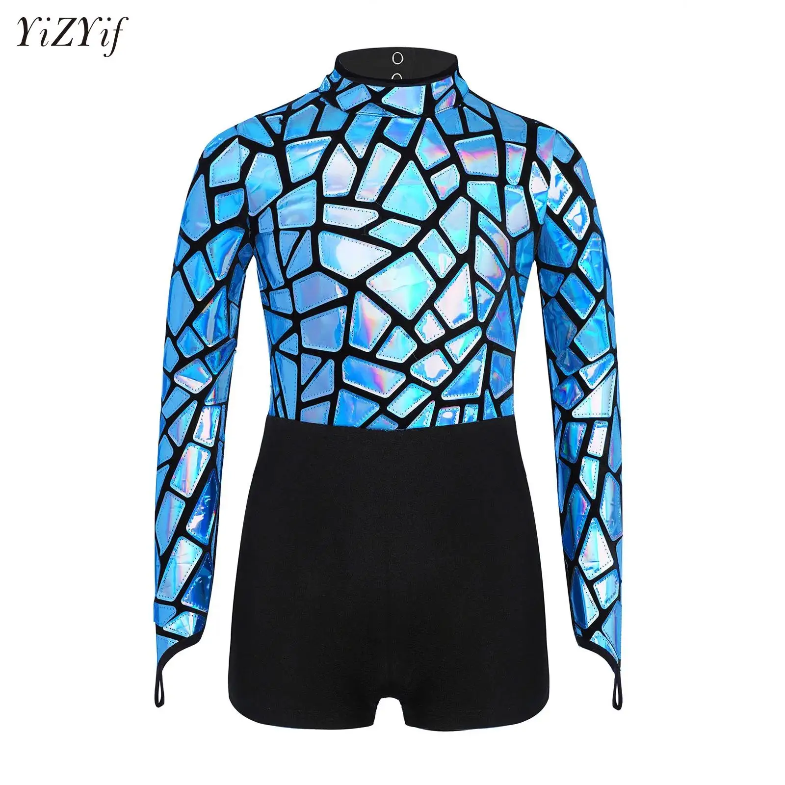 

Kids Girls Metallic Sequins Jazz Ballroom Mechanical Dance Jumpsuit Long Sleeve Leotard Stage Performance Competition Costumes