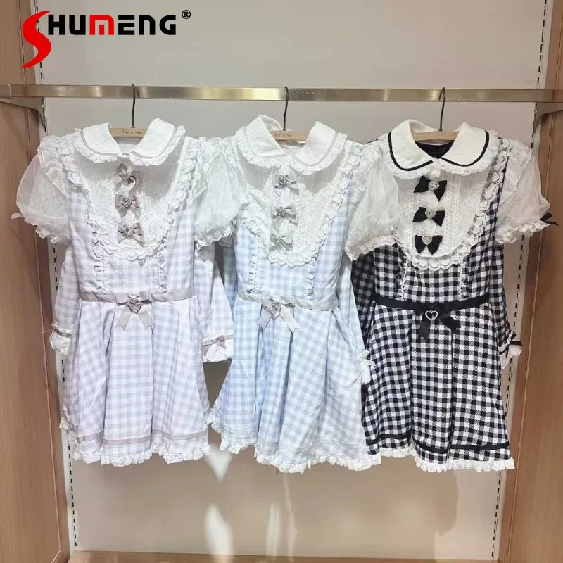 Japanese Rojita Style Mine Series Hot Girl Plaid Doll Collar Bow Short-sleeves Dress And Shorts Two-piece Set Outfits For Women