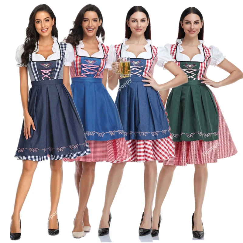 

New Traditional Bavarian Oktoberfest Costumes Plaid Dirndl Dresses Women Apron Dress German Beer Wench Maid Cosplay Party Dress