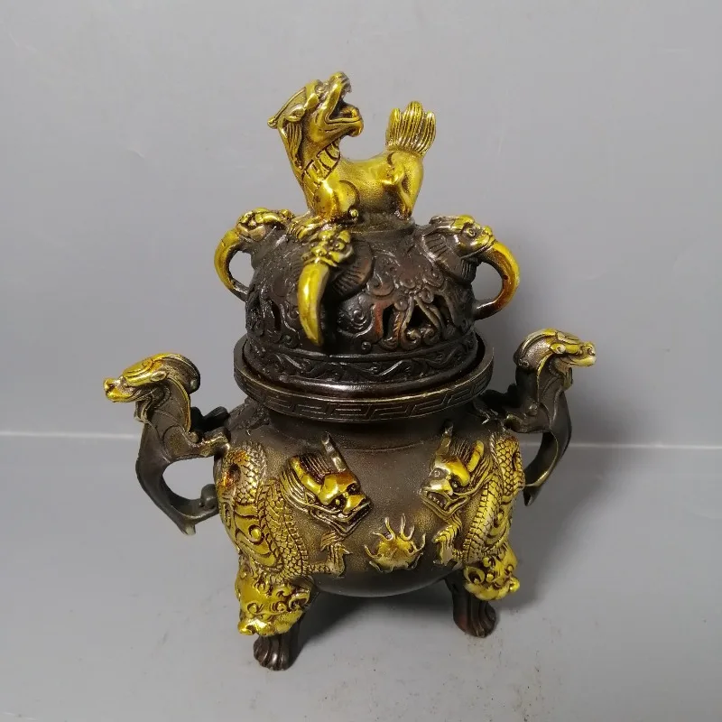 Antique Patina Bronze Dragon Incense Censer Pixiu Cover Bat Shape Handles Chinese Lucky Wealth Desktop Aroma Ornament Craft