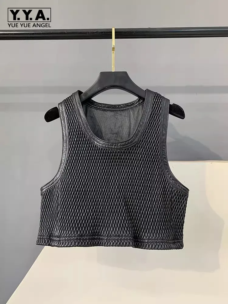 

Новый дизайнерский женский жилет из натуральной кожи с круглым вырезом, уличная одежда без рукавов, пуловер, короткая куртка, модный повседневный жилет из овчины