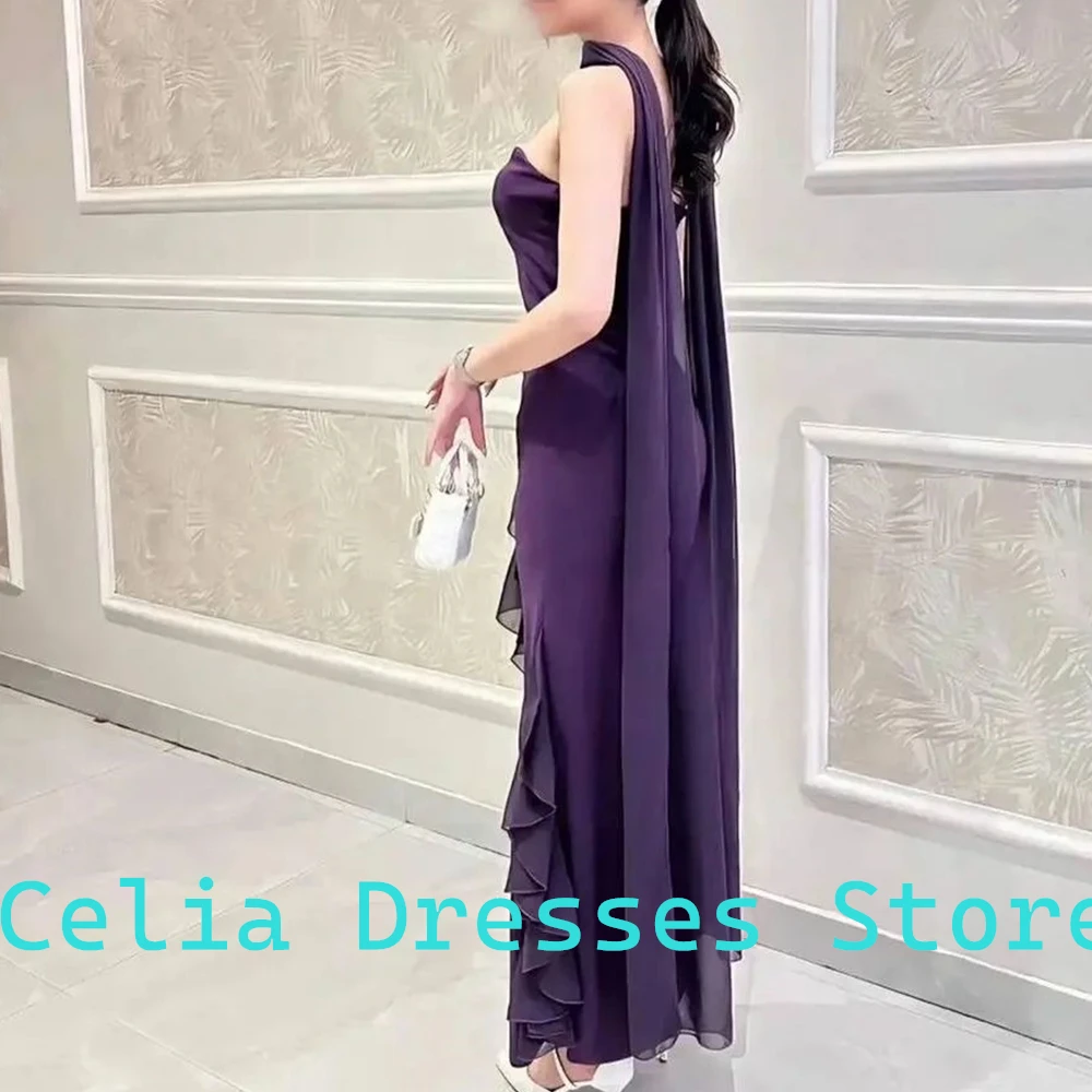 Elegant Strapless Jersey Pleats Purple Evening Dress Straight Classic Floor Length Sleeveless Special Occasion Gown Saudi Arabia