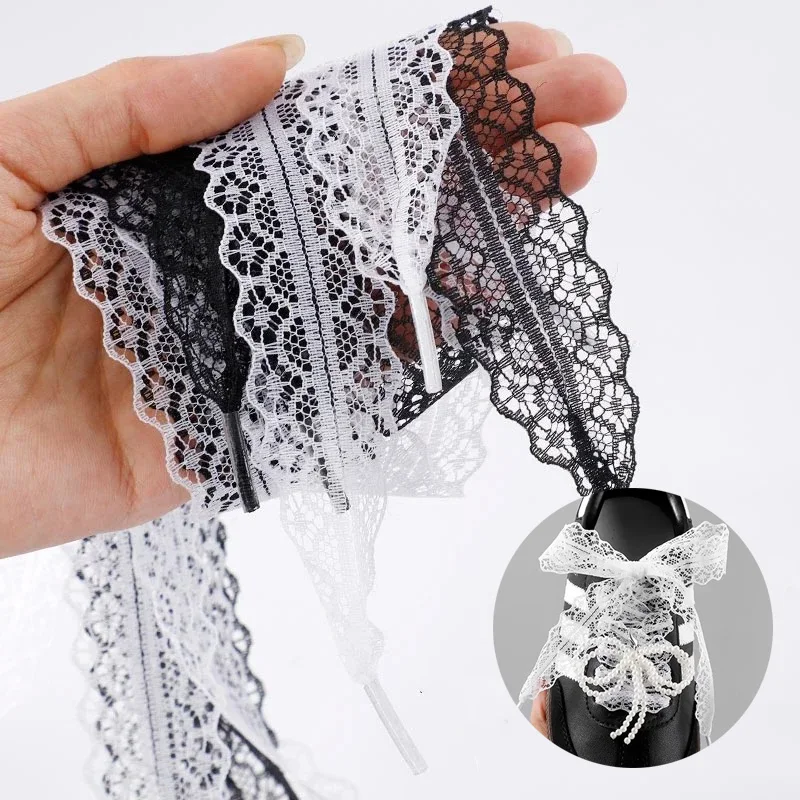 1Pair Trendy Lace Shoelaces 2.9CM Width Flat Silk Shoelaces  White Black Rope Laces  for Sneakers 2.5CM Width 80CM/100CM/120CM