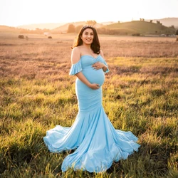 Maternity Summer Ruffle Sleeve V-Neck Mermaid Dress Pregnancy Gown Wedding Bridesmaid Dresses Robe for Photoshoot Baby Shower