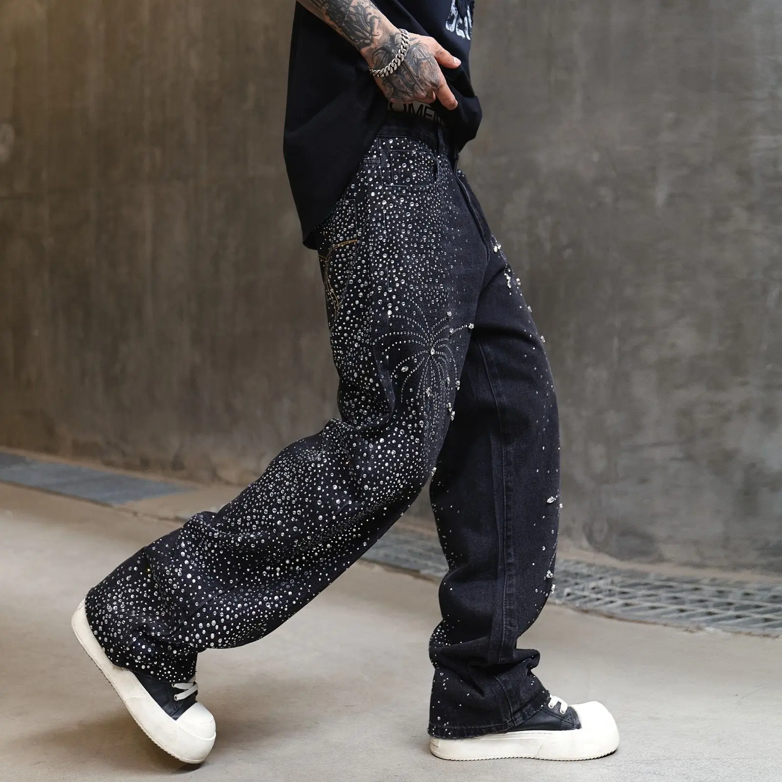 الرجال كريستال الدينيم الجينز فضفاض حجر الراين السراويل السوداء فاسق الهيب هوب الشارع الشهير بنطلون مستقيم