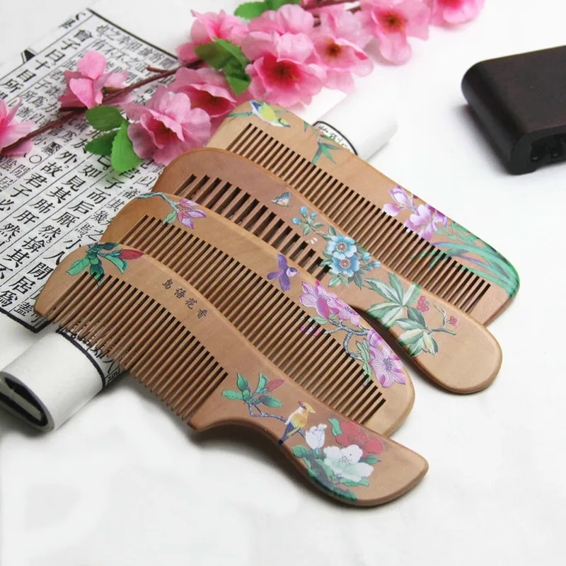 1pcs 천연 복숭아 단단한 나무 빗 새겨진 복숭아 나무 건강한 마사지 정전기 방지 빗 헤어 케어 도구 뷰티 액세서리