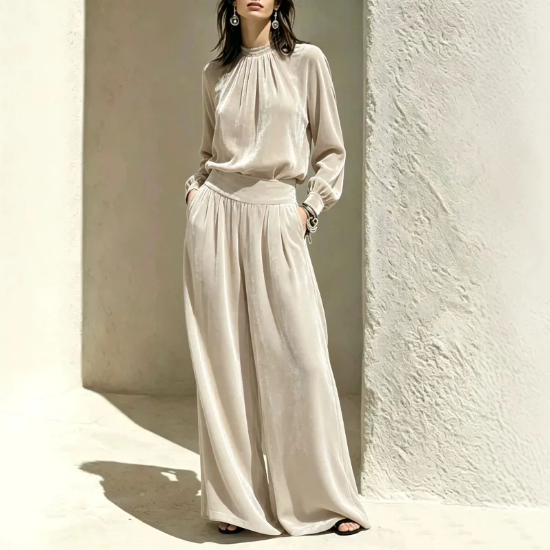 Cross-border New Golden Velvet Casual Suit Women's Autumn and Winter Foreign Style Thin Pleated Top Wide-leg Pants Two-piece Set