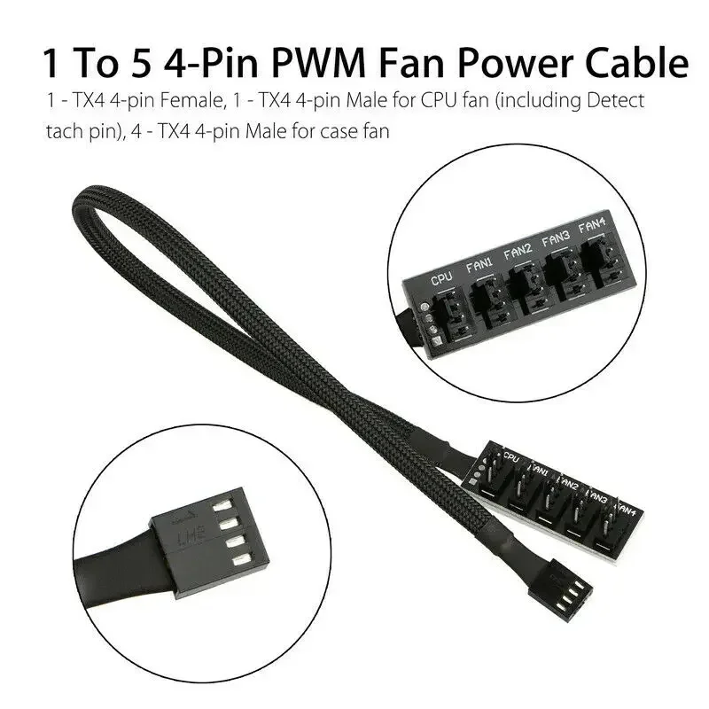 Details about 5-Port PC 4-Pin PC PWM CPU Cooling Fan Splitter Hub Adapter Braided Cable PWM Fan Hub