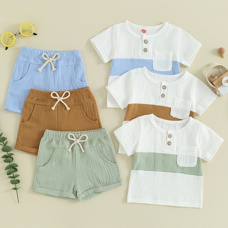 Pudcoco Toddler Newborn Baby Boys Summer Shorts Sets Short Sleeve Contrast Color Tops and Solid Color Shorts 2pcs Sets 0-3T