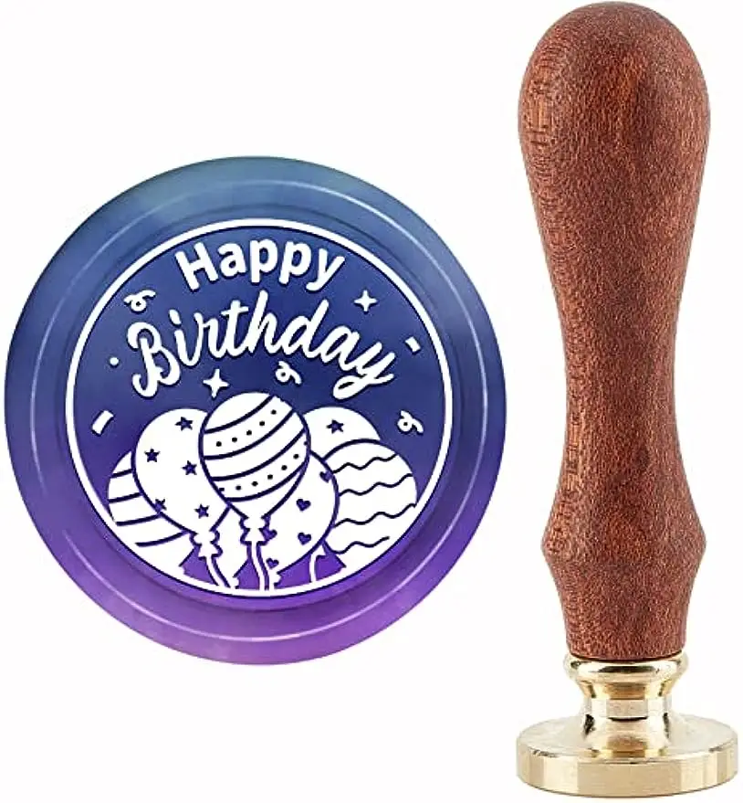 

1PC Happy Birthday Wax Seal Stamp Balloons Sealing Wax Stamps 30mm Retro Vintage Removable Brass Stamp Head with Wood Handle