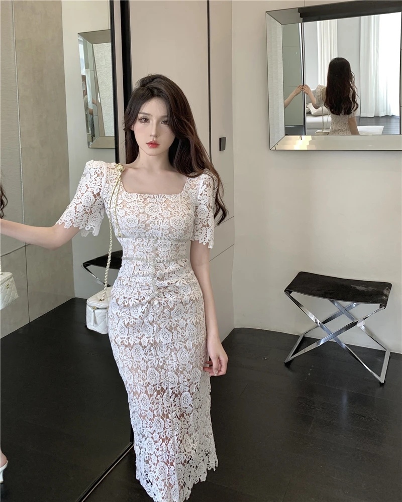 

Vestidos Hollow Sexy Long Lace Dress Women Korean Elegant Vintage Chic Design Bodycon Female Summer Casual Evening Party Dresses